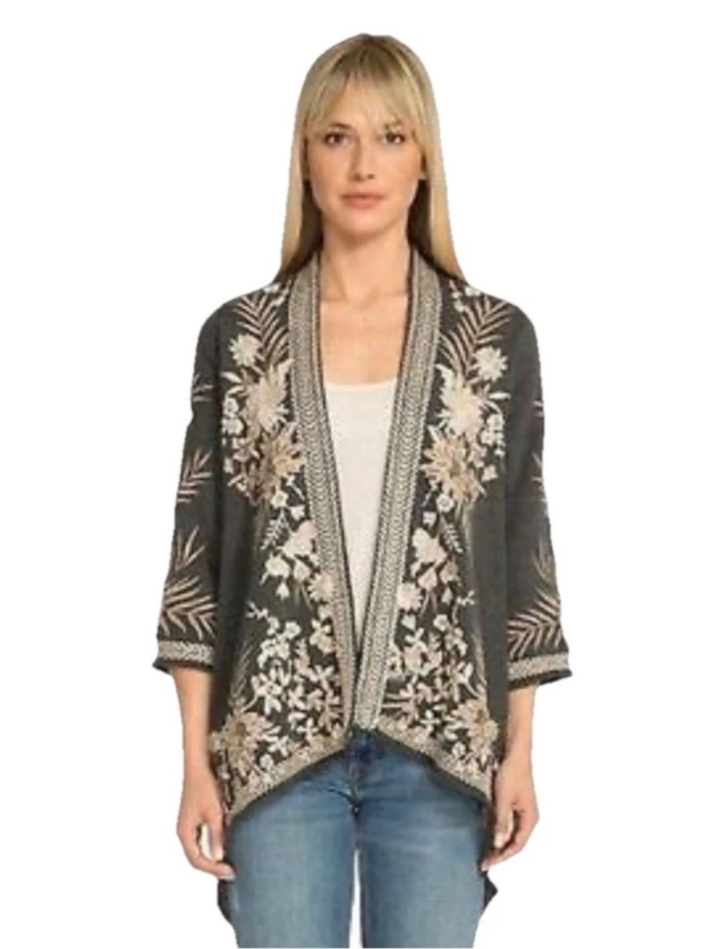 Johnny Was - $380 Othilia Embroidered Crane Kimono Cardigan grey Sz XXL